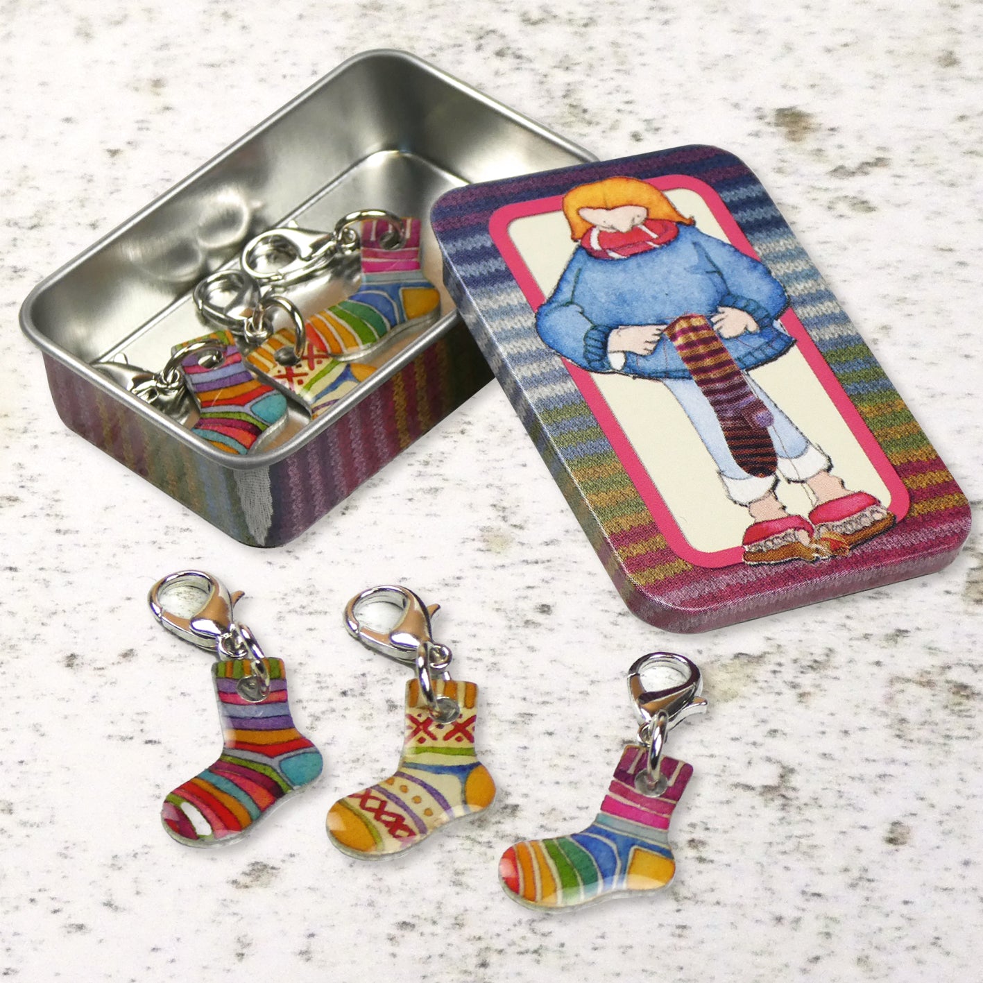 Emma Ball Sock Crochet Markers in a Tin