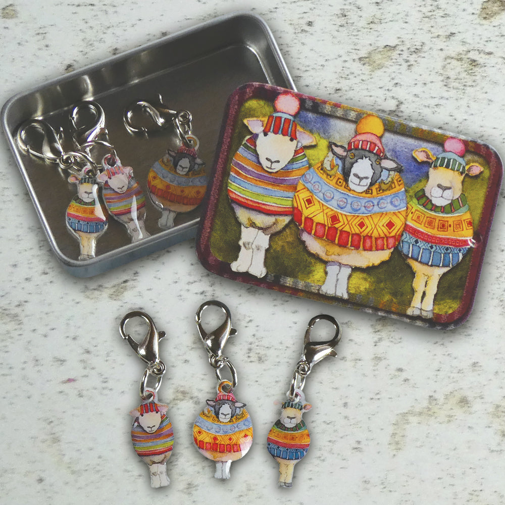 Stripy Sheep Crochet Markers in a Tin